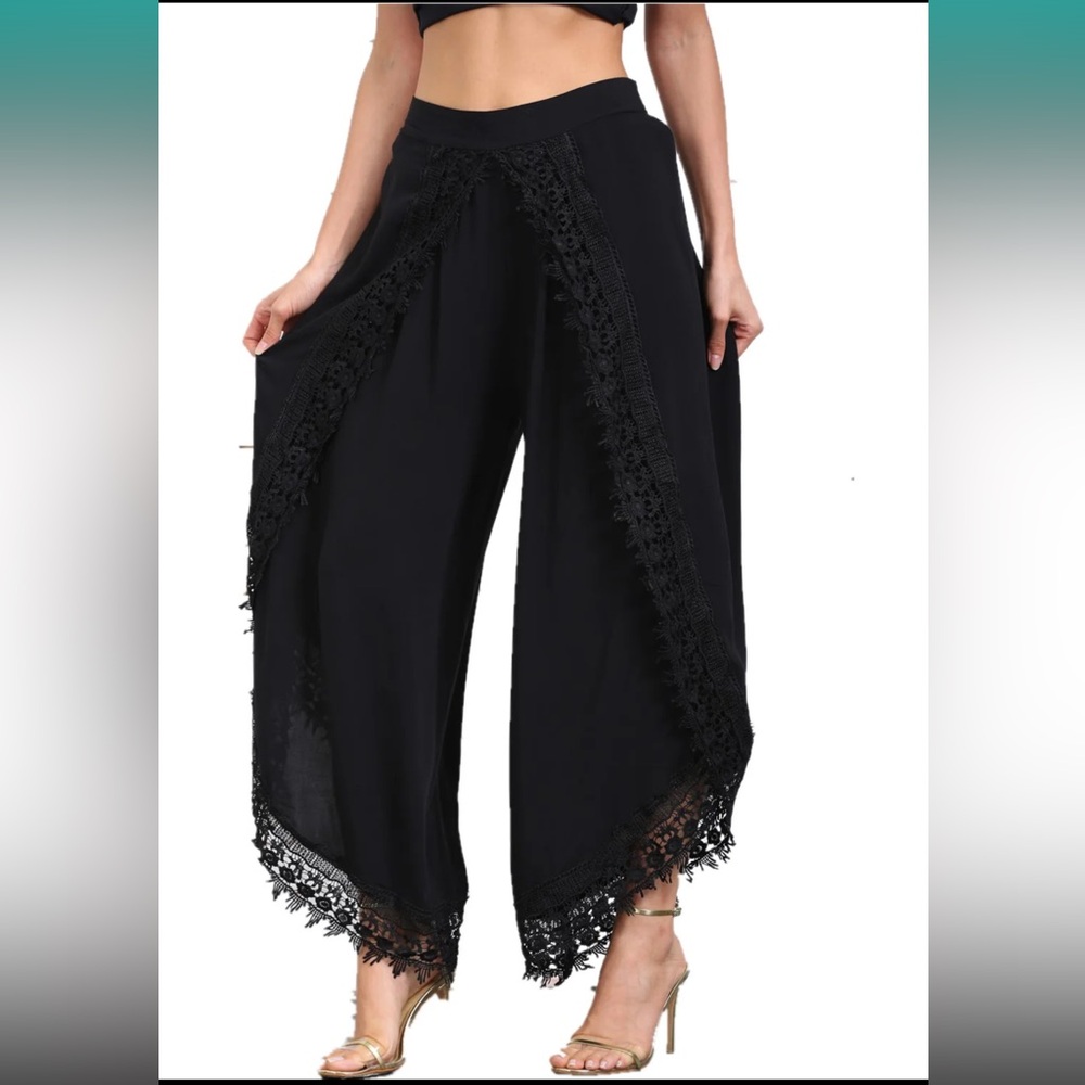 NWT Simply Couture Layered Lace Trim Wide Leg Flowy Boho Pants XL - Picture 2 of 8